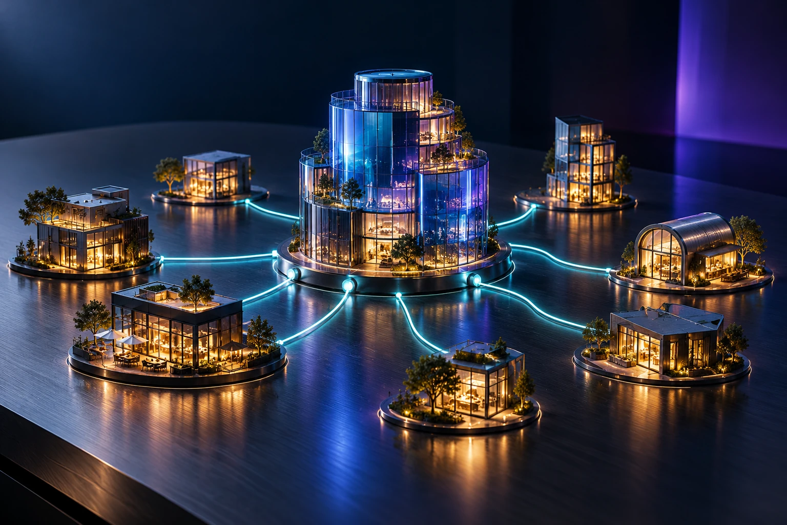 Concept illustration of one central business identity connected to several local markets.