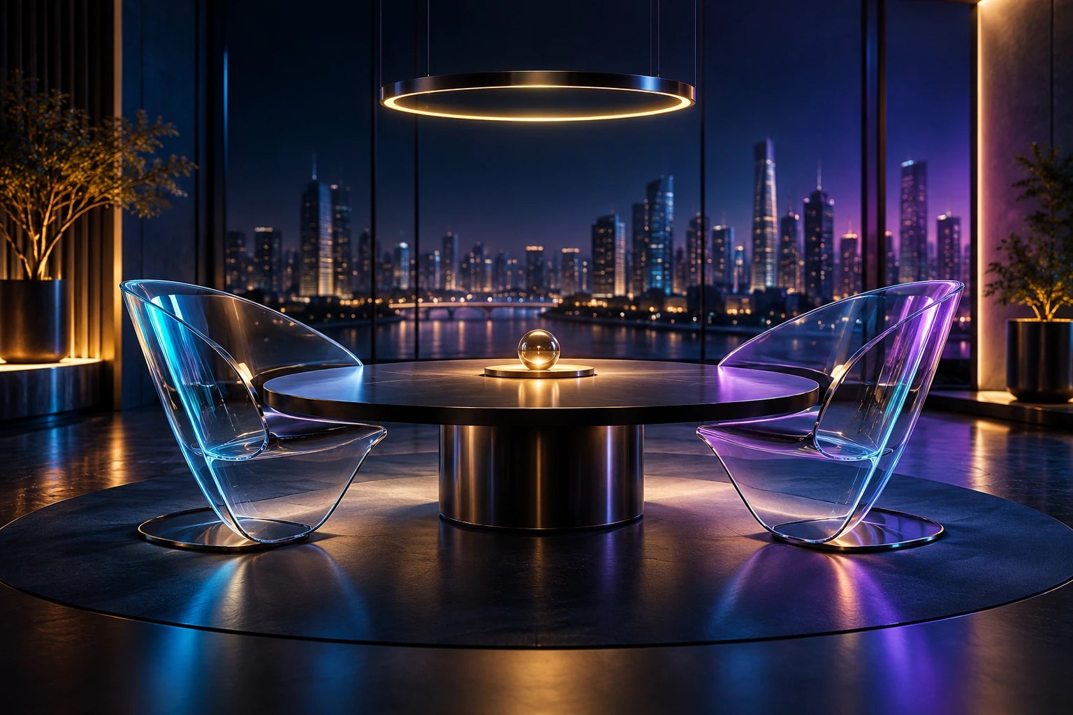 Concept illustration of a welcoming conversation space with blue and violet glass chairs.