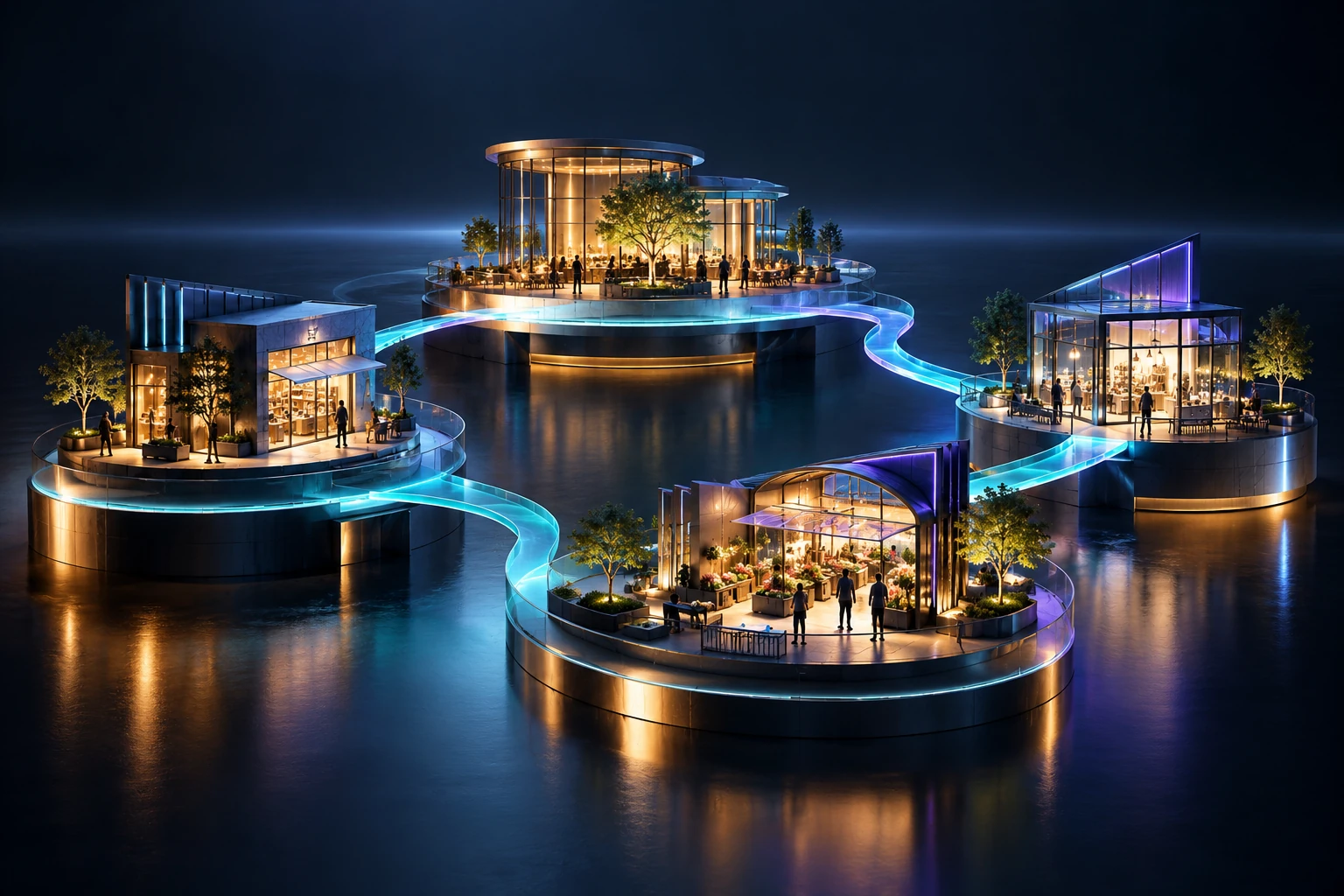 Concept illustration of four distinct platforms connected by a luminous cyan pathway.