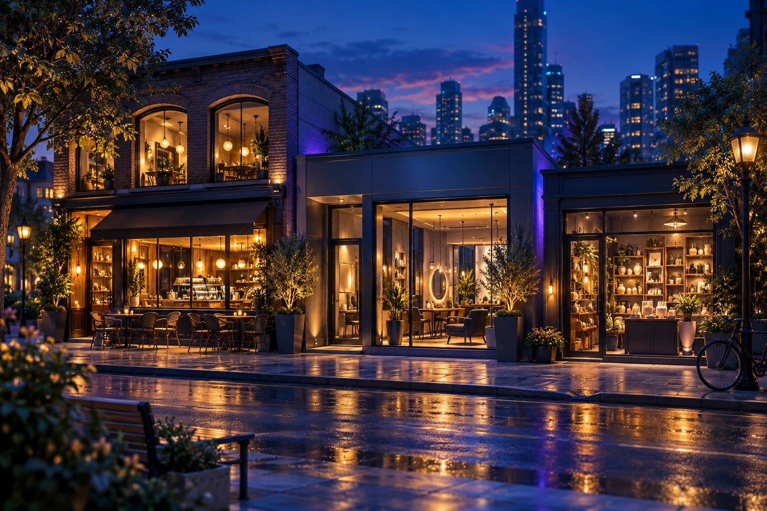 Concept illustration of welcoming local storefronts at blue hour.
