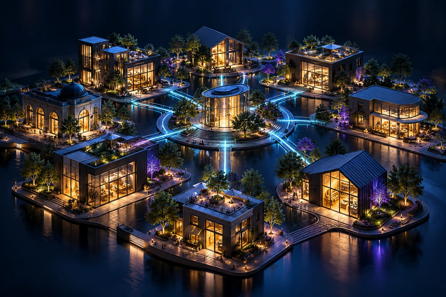 Concept illustration of independent local buildings connected by cyan light paths.