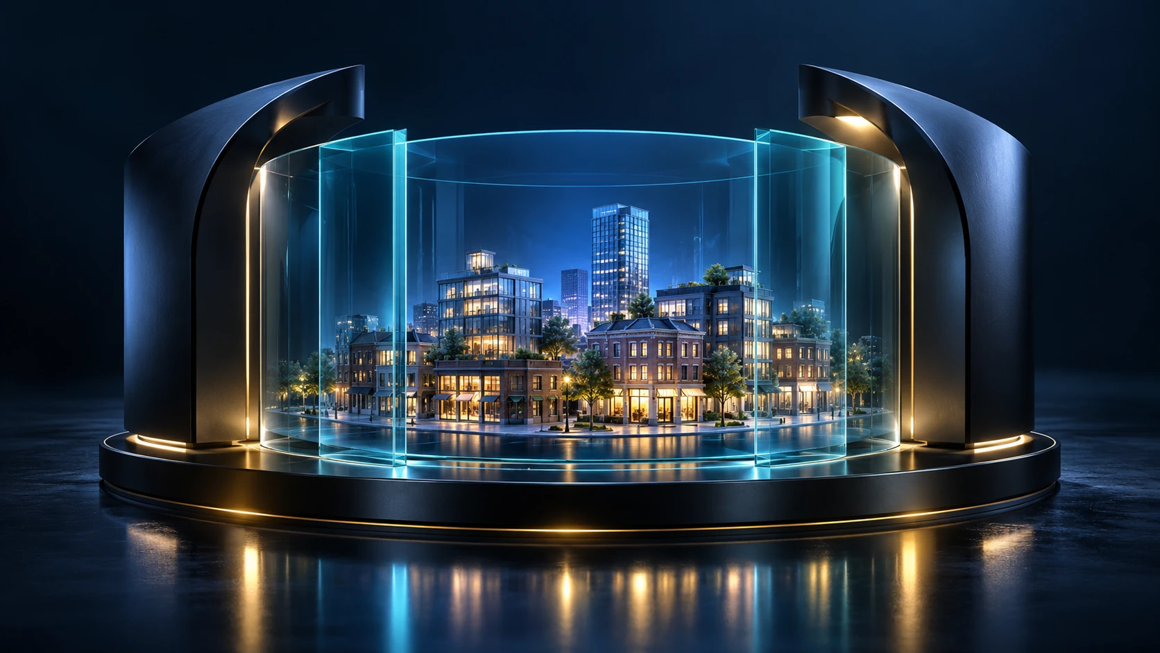 Concept illustration of a glass workspace surrounded by carefully defined architectural layers.
