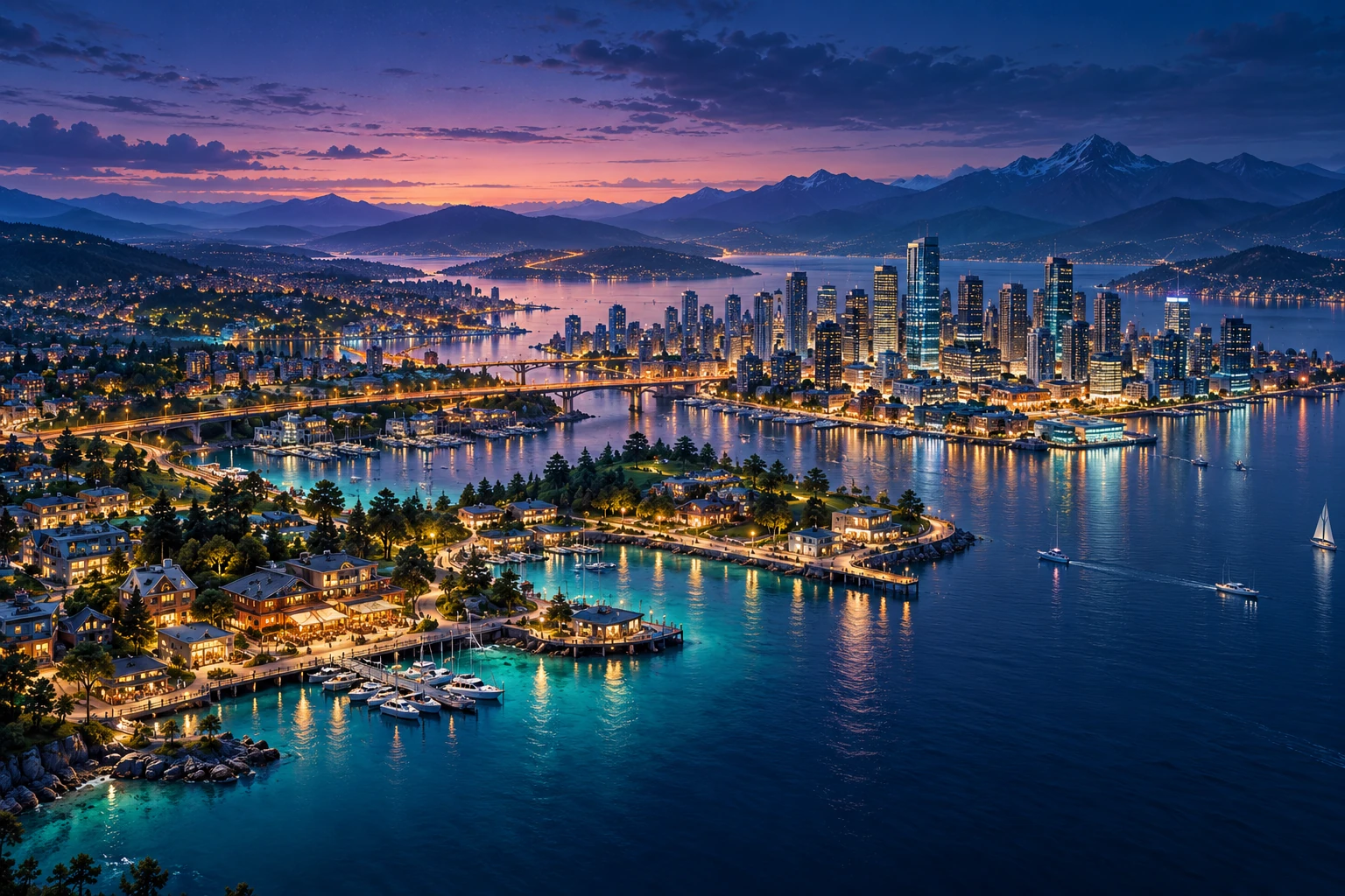 Imagined coastal and mountain communities glowing in blue and gold at dusk.