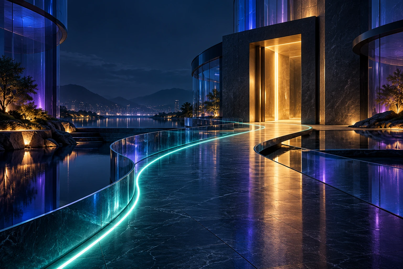 Concept illustration of a teal-lit architectural path leading to a welcoming doorway.