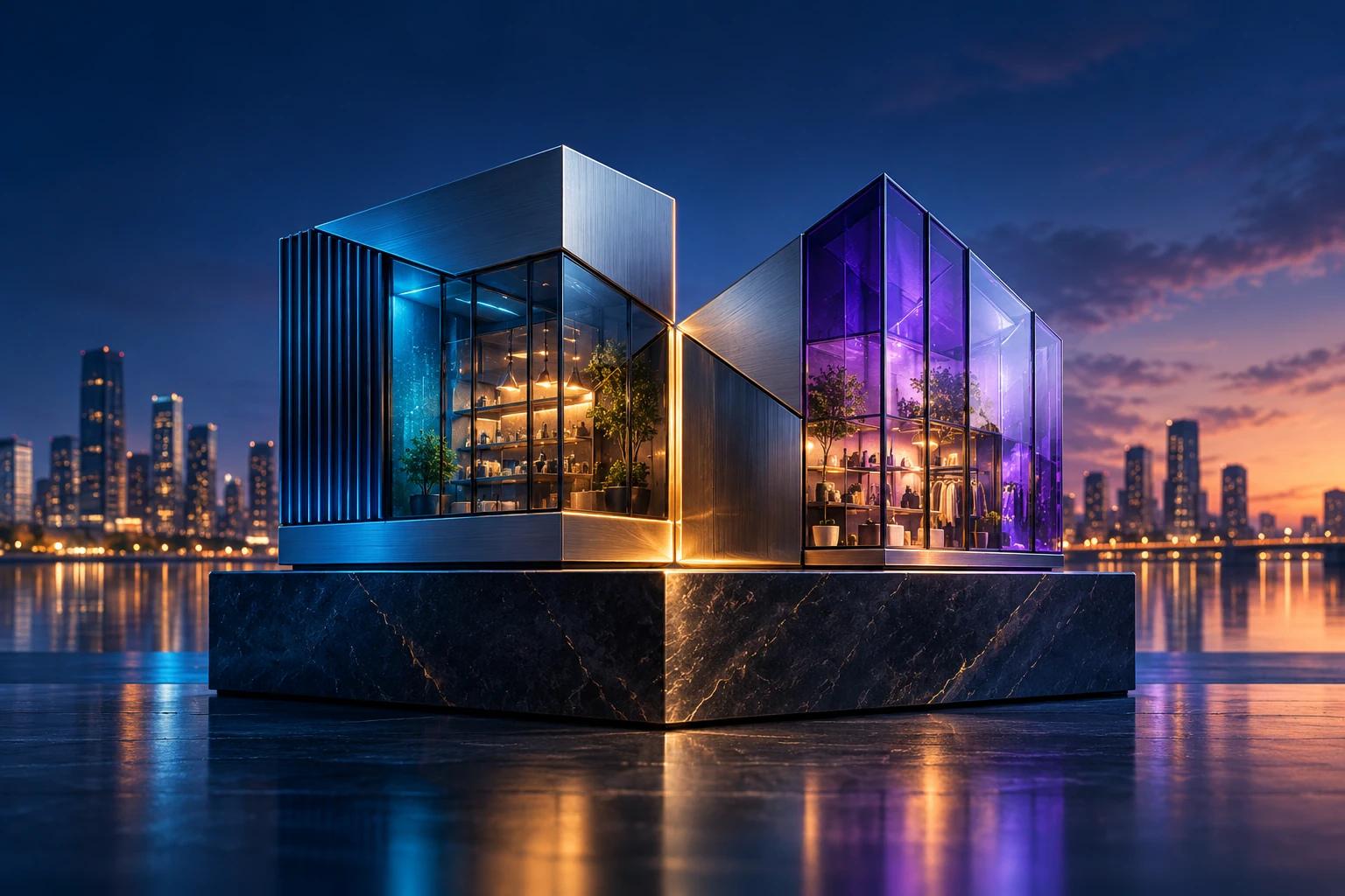 Concept illustration of two balanced architectural forms on a shared foundation.